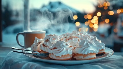 Cheerful Holiday Treats: Meringue Snowmen, Warm Cocoa, and Christmas Lights - Perfect Poster for Festive Decor in Sports Interiors!