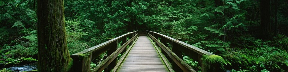 2410_015.remote forest bridge crossing, towering evergreen trees, mossy forest environment, wooden walkway perspective, verdant rainforest setting, natural stream beneath, organic forest elements,