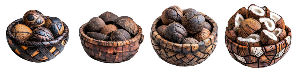 Obraz premium Coconut in a basket isolated on white background. Collection Png.