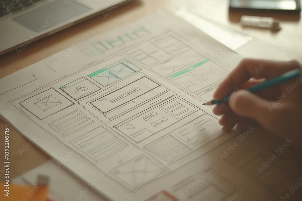 Aufkleber a hand sketches a wireframe layout on paper, illustrating a design concept.