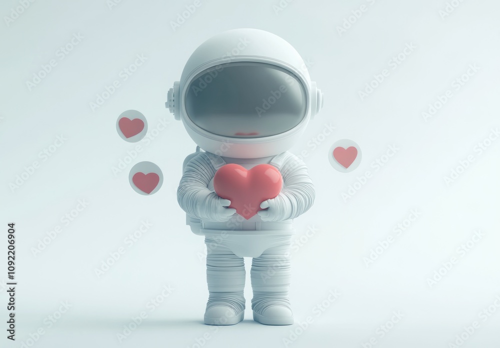 Poster A cute astronaut character holding a red heart, surrounded by floating hearts.
