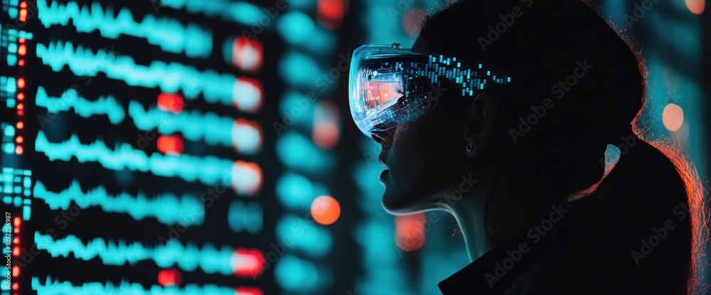 Poster a person wearing futuristic glasses observes digital data displays in a tech environment.