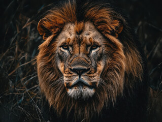 Fototapeta premium Fierce lion closeup african savanna wildlife photography natural habitat intense perspective showcasing strength and power