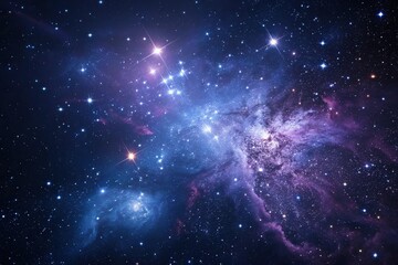 A cosmic explosion of blue and purple stars scattered across a dark background, , abstract patterns