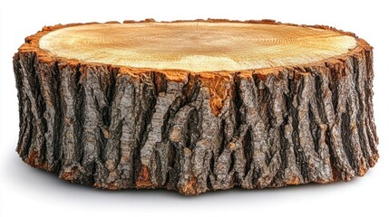 Tree trunk slice, wooden round, rustic texture, isolated on white.