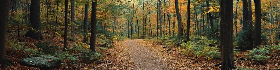 Obraz premium 2410_007.woodland hiking trail in early autumn, fallen leaves on dirt path, towering trees with changing foliage, lush understory vegetation, natural forest corridor, mixed green and golden leaves,