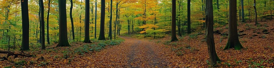 Obraz premium 2410_007.woodland hiking trail in early autumn, fallen leaves on dirt path, towering trees with changing foliage, lush understory vegetation, natural forest corridor, mixed green and golden leaves,