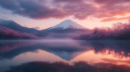 Fototapeta premium Fuji mountain and Pink Sakura Branches in Springtime and reflection in the lake Kawaguchiko at dawn, Japan