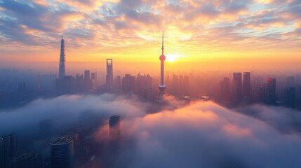 Fototapeta premium A breathtaking sunrise over a city skyline, shrouded in clouds and illuminated by soft light.