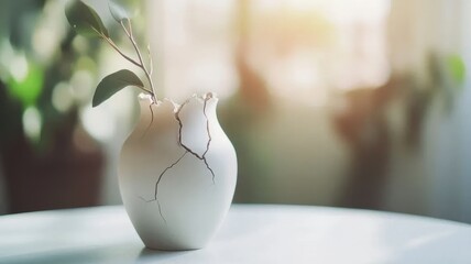 Fragile porcelain vase cracked and slightly tilted on white table,symbolizing vulnerability and fragility in life and relationships.