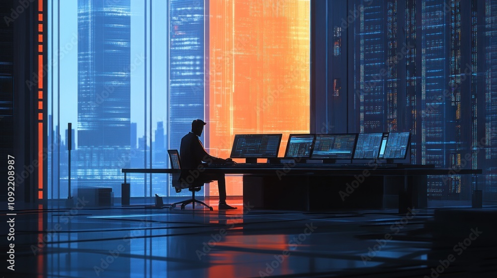Poster lone programmer working late in futuristic city office