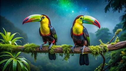 Obraz premium Costa Rica Toucans: Keel-billed Pair on Branch, Night Photography