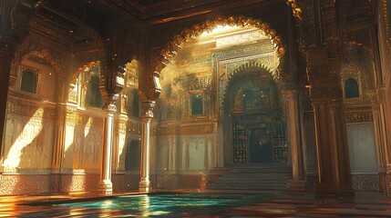Obraz premium Sunlit Interior of an Ornate Golden Palace with a Pool of Water