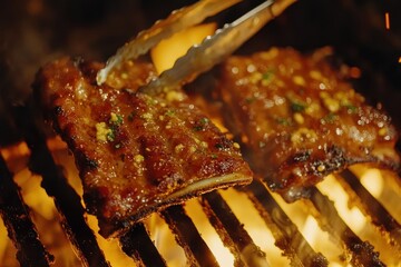 Grilled ribs sizzling on a barbecue, showcasing delicious barbecue sauce and garnishes.