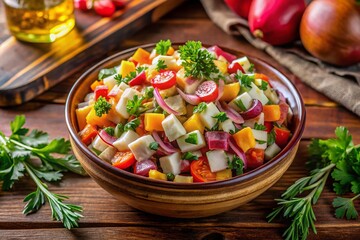 Drone Shot: Traditional Russian Salad Vinaigrette Closeup