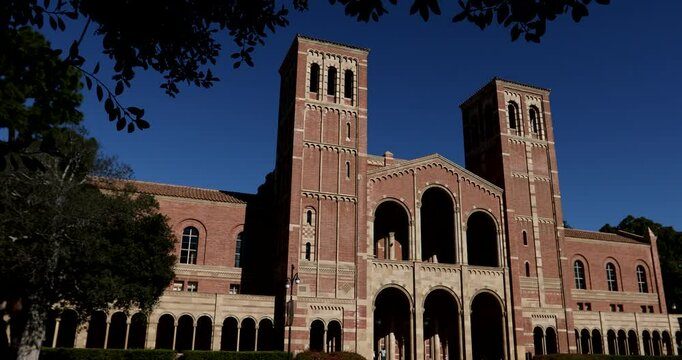 Westwood, Los Angeles, California, USA - November 16, 2024: Morning light shines on UCLA's historic Royce Hall, constructed in 1929.