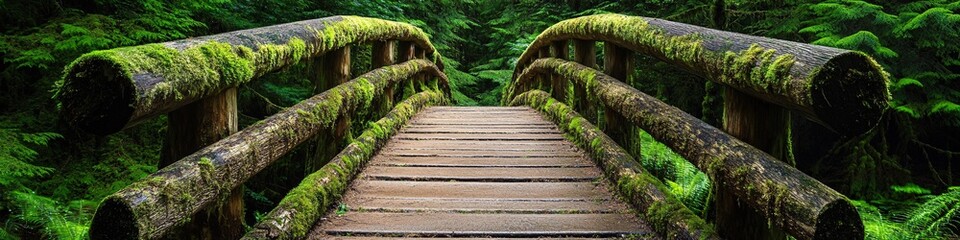 2410_012.rustic timber bridge path, verdant temperate rainforest setting, moss-covered branches, rich forest greenery, peaceful woodland crossing, moist forest atmosphere, natural wood textures, deep