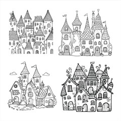 Fototapeta premium Black and white doodle house or town silhouette, village illustration silhouette