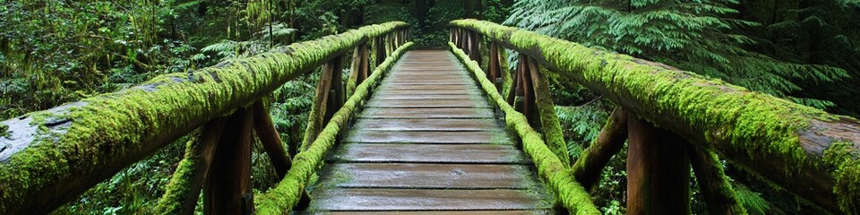 Obraz premium 2410_012.rustic timber bridge path, verdant temperate rainforest setting, moss-covered branches, rich forest greenery, peaceful woodland crossing, moist forest atmosphere, natural wood textures, deep