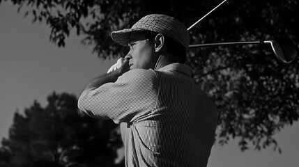 A Golfer in a Striped Shirt Prepares to Swing a Golf Club