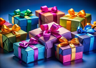 Fototapeta premium Gift Boxes, Ribbons, Blue Background, High Depth of Field, Vibrant