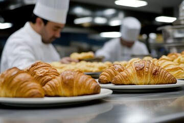 Chefs preparing fresh croissants in a bustling kitchen.