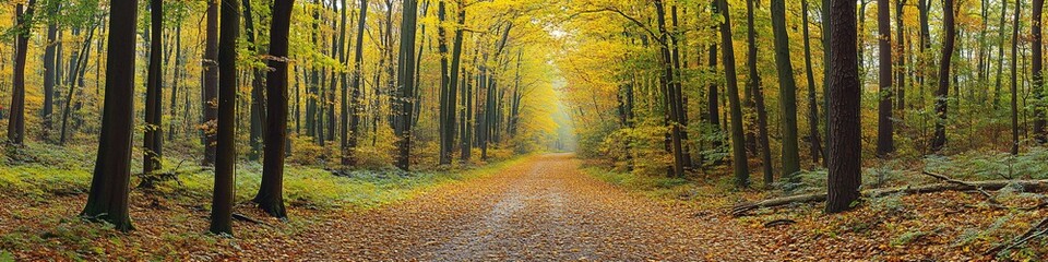 Fototapeta premium 2410_009.forest walking trail in fall season, mature tree grove, dappled light through leaves, natural earth path covered in leaves, mixed green and yellow canopy, peaceful woodland atmosphere, rich