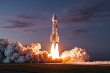Obraz premium Futuristic Rocket Launch Spectacle with Bright Flames and Smoke Trail