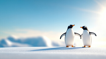 Two penguins standing together on a snowy landscape under a clear sky