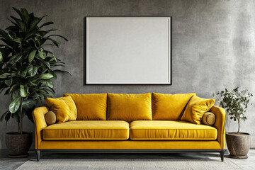 Fototapeta premium Bright yellow sofa with plants in a modern living room setting