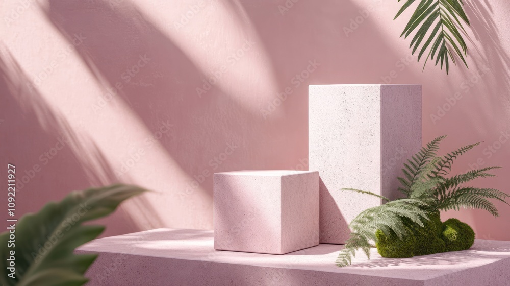 Poster A serene arrangement of geometric shapes and greenery against a soft pink backdrop.
