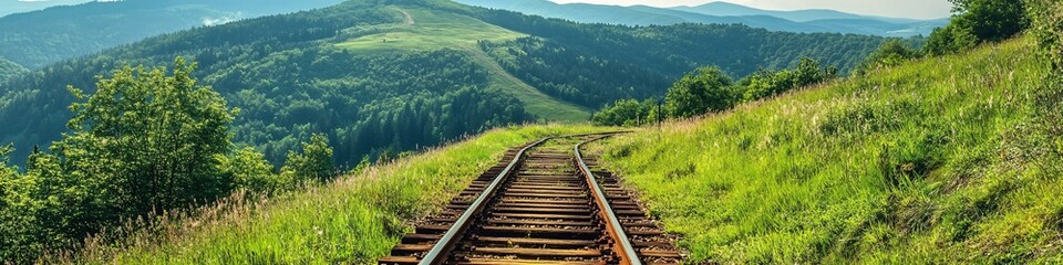 Obraz premium 2410_062.rustic wooden railway tracks, verdant hillside ascent, sun-drenched mountain path, vibrant green foliage, distant summit, adventurous trekking route