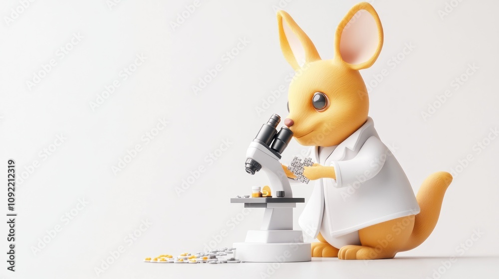 Poster a cute cartoon kangaroo in a lab coat examines samples with a microscope.