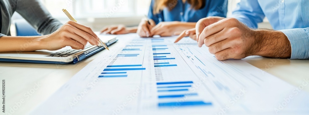 Poster Hands analyzing a report with graphs and charts on a table.
