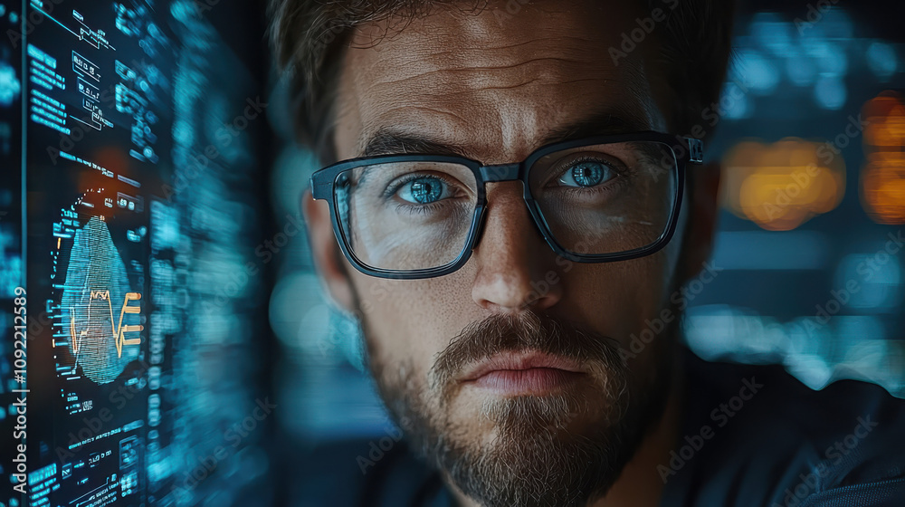 Poster data scientist analyzes massive data sets in a high-tech lab environment insights into trends and pa