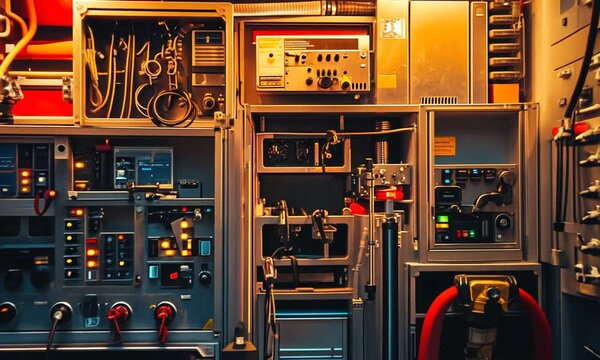 Detailed View of an Emergency Vehicle's Equipment and Controls Showing Advanced Technology and Safety Features in a Night Scene