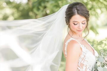Bride s veil blowing in the wind, soft natural lighting, dreamy and romantic