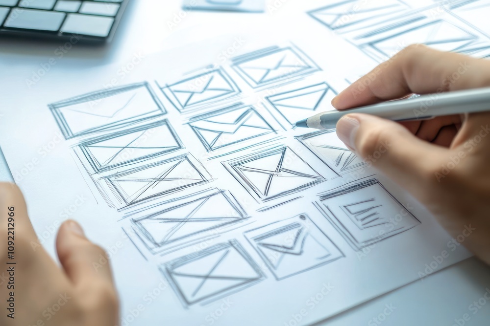 Poster A person sketches wireframe designs for an email interface on paper.