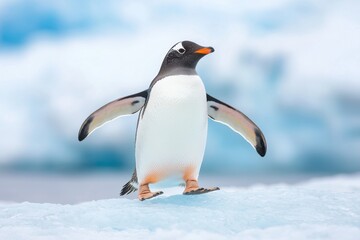 Fototapeta premium A solitary Gentoo penguin stands proudly on an icy surface, showcasing its unique black and white plumage against a backdrop of glacial blue ice and snow in Antarctica.
