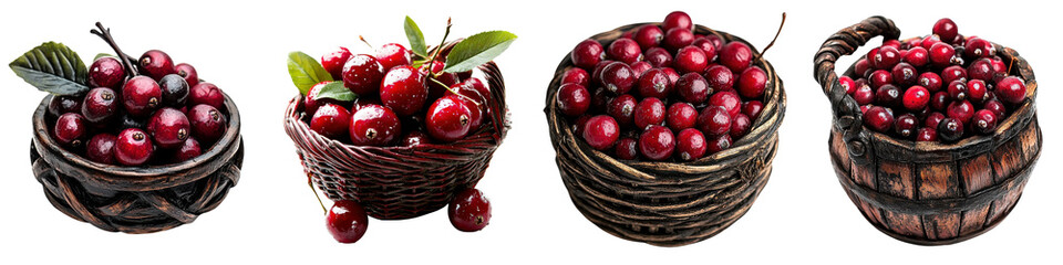 Cranberries in a basket isolated on white background. Collection Png.