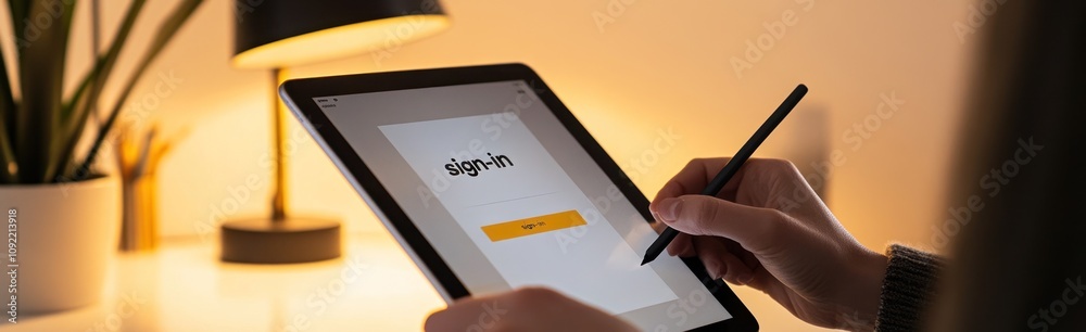 Fototapete a person signing in on a tablet with a stylus in a cozy workspace.