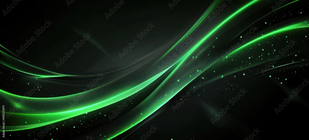 Poster Abstract green wave design with glowing elements on a dark background.
