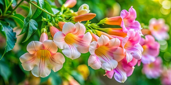 Close-Up of Striking White and Pink Campis Flowers in Natural Light with Attention to Detail, Emphasizing the Beauty of Nature and Floral Diversity for Stock Photography
