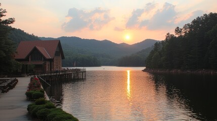 Fototapeta premium Serene sunset over a lake with mountains and a wooden structure.