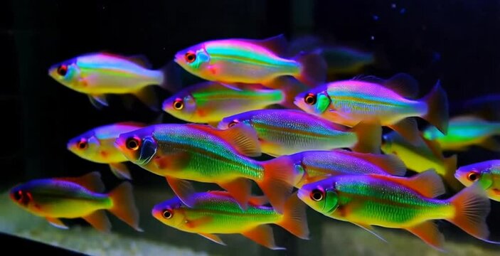 Vibrant school of iridescent rainbow fish swimming in a dark aquarium, showcasing their multicolored scales and captivating underwater beauty.
