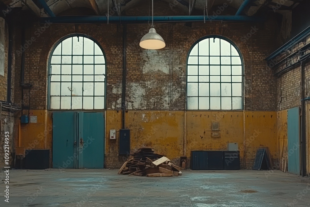 Poster An empty industrial space with large windows and a pile of wood in the center.