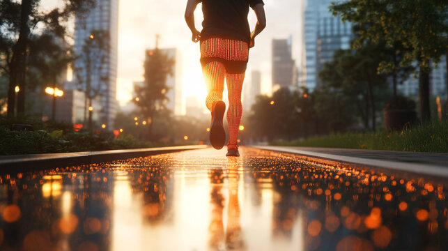 A runner in a city park, with glowing overlays of body scan data highlighting their endurance and muscle performance. The scene captures the balance between urban life and personal wellness, framed