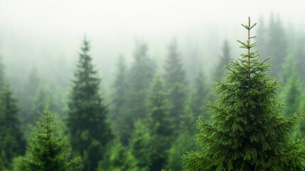 Fototapeta premium Misty forest showcasing tall evergreen trees in a tranquil atmosphere