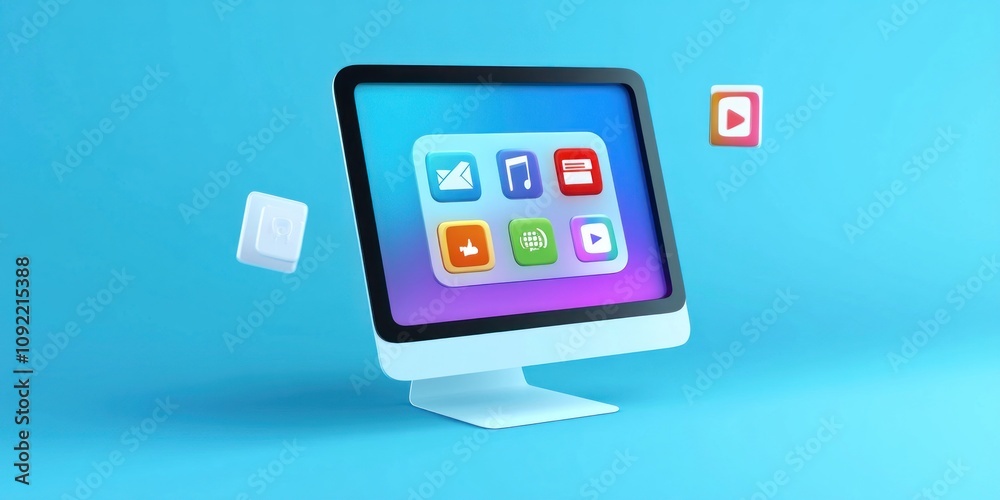 Poster A stylized computer monitor displaying various app icons against a blue background.