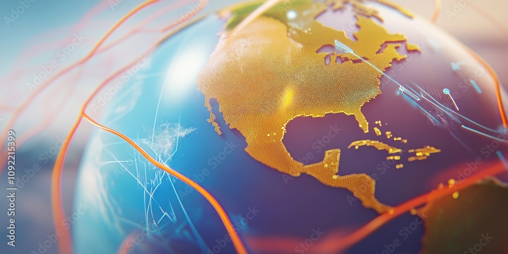 Aufkleber A close-up of a globe highlighting North America with dynamic lines representing data flow.